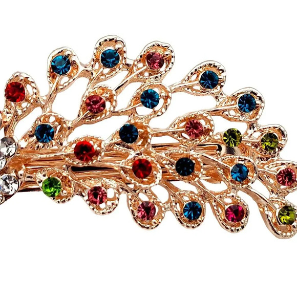Peacock Colorful Rhinestone Rose Gold Tone Womens Girls Hair Clip - Picture 2 of 10